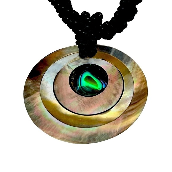 Handmade Black Beaded Necklace With Abalone Shell Pendant.  A34 - Picture 6 of 7